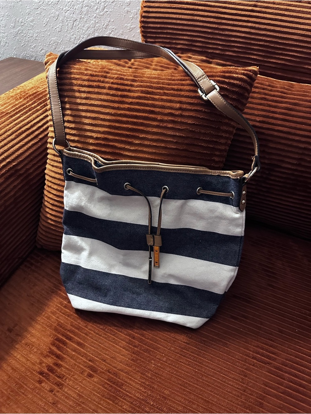 Striped Canvas Drawstring Bucket Bag - Navy and White
